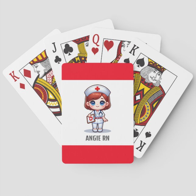 Cute Manga Nurse with Red Hair Blue Eyes Custom Playing Cards (Back)