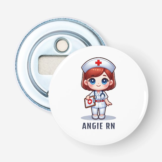 Cute Manga Redhead Nurse Caricature Personalized Bottle Opener (Front)