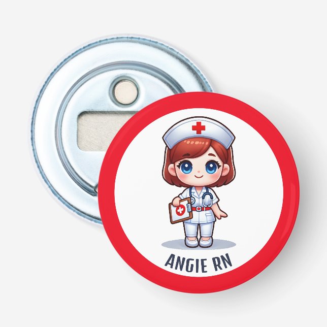 Cute Manga Redheaded Nurse Caricature Personalized Bottle Opener (Front)