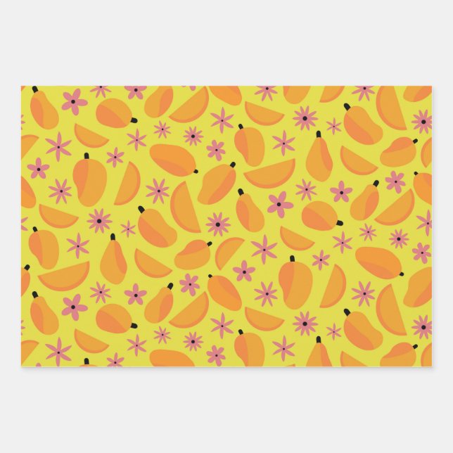 Cute mango fruit and flowers pattern  wrapping paper sheet (Front)