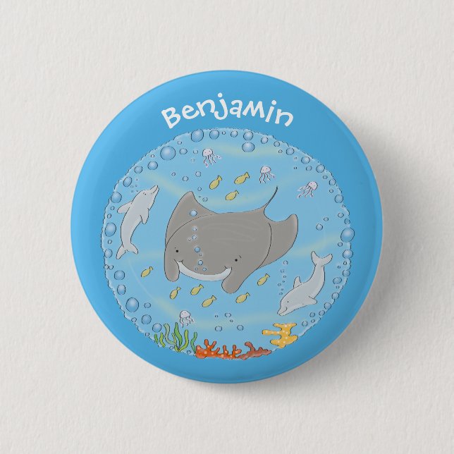 Cute manta ray and bubbles cartoon illustration 2 inch round button (Front)