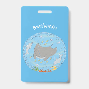 Cute manta ray and bubbles cartoon illustration badge