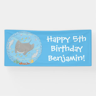 Cute manta ray and bubbles cartoon illustration banner