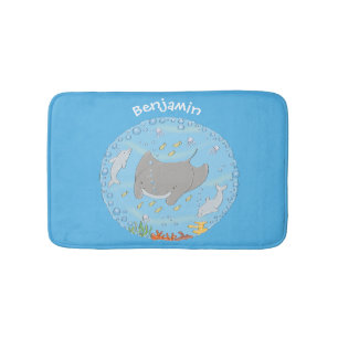Cute manta ray and bubbles cartoon illustration bath mat