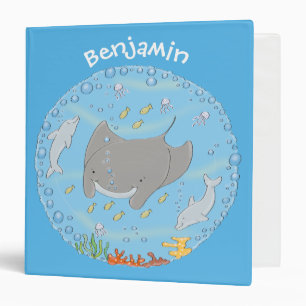 Cute manta ray and bubbles cartoon illustration binder