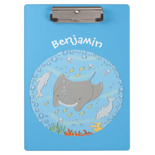 Cute manta ray and bubbles cartoon illustration clipboard