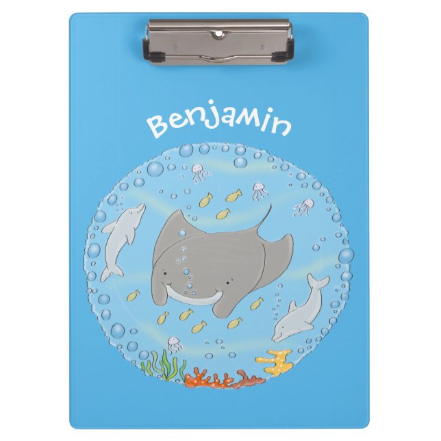 Cute manta ray and bubbles cartoon illustration clipboard (Front)