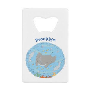 Cute manta ray and bubbles cartoon illustration credit card bottle opener