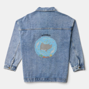 Cute manta ray and bubbles cartoon illustration denim jacket