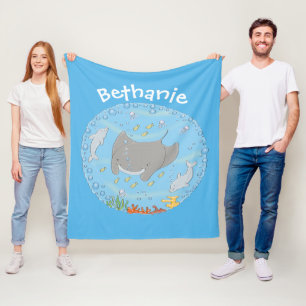 Cute manta ray and bubbles cartoon illustration fleece blanket