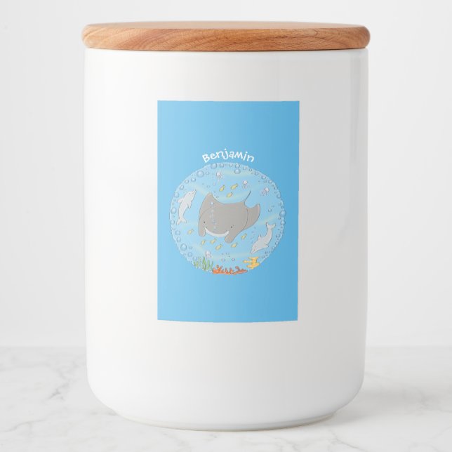 Cute manta ray and bubbles cartoon illustration food label (Front)