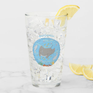 Cute manta ray and bubbles cartoon illustration glass