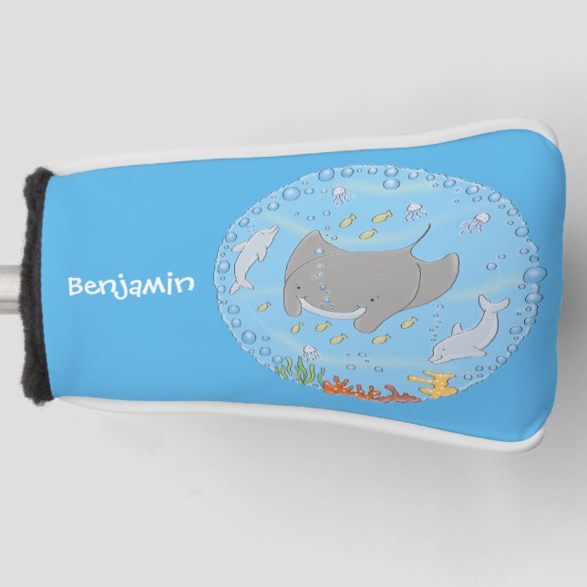 Cute manta ray and bubbles cartoon illustration golf head cover (Front)
