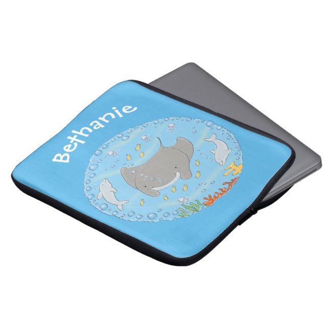 Cute manta ray and bubbles cartoon illustration laptop sleeve (Front Top)