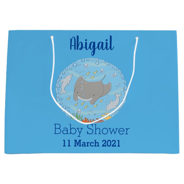 Cute manta ray and bubbles cartoon illustration large gift bag (Front)