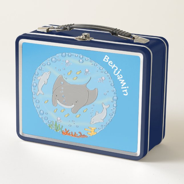 Cute manta ray and bubbles cartoon illustration metal lunch box (Front)