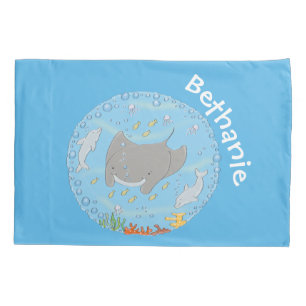 Cute manta ray and bubbles cartoon illustration pillowcase