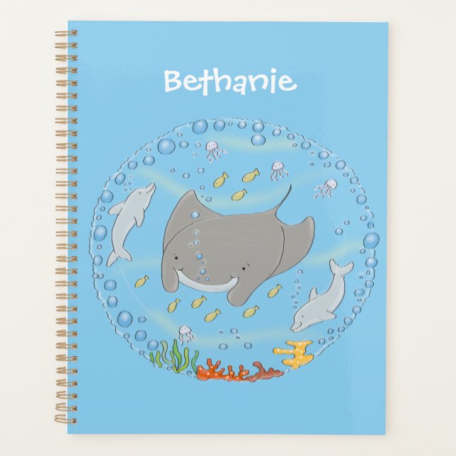 Cute manta ray and bubbles cartoon illustration planner (Front)