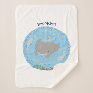 Cute manta ray and bubbles cartoon illustration sherpa blanket