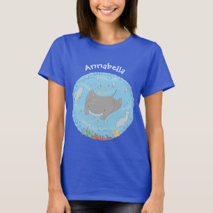 Cute manta ray and bubbles cartoon illustration T-Shirt
