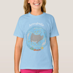Cute manta ray and bubbles cartoon illustration T-Shirt