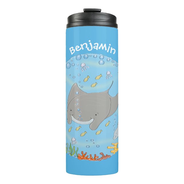 Cute manta ray and bubbles cartoon illustration thermal tumbler (Front)