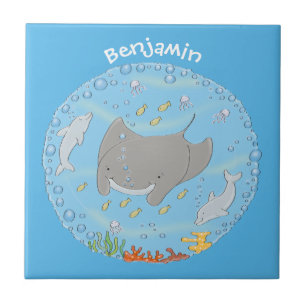 Cute manta ray and bubbles cartoon illustration tile