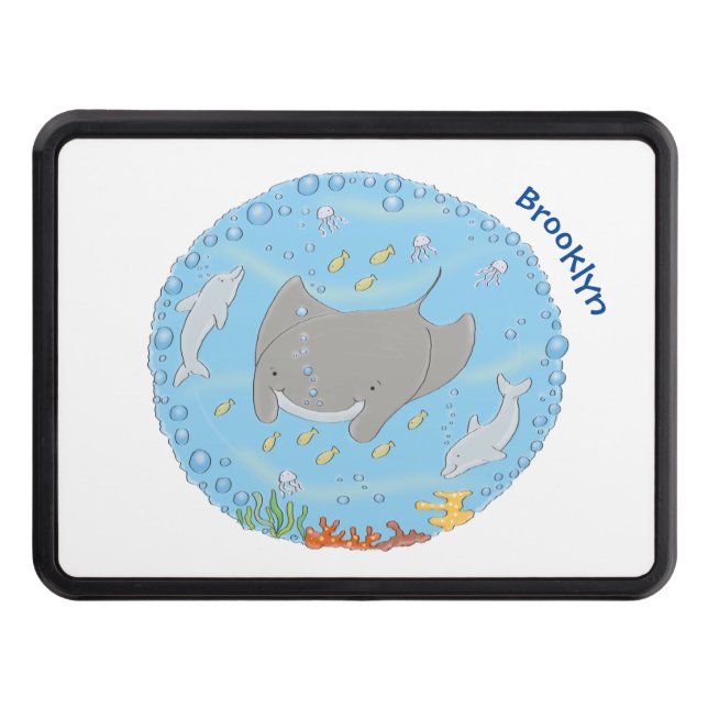 Cute manta ray and bubbles cartoon illustration trailer hitch cover (Front)