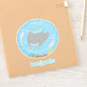 Cute manta ray and dolphins cartoon illustration