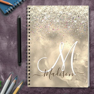 Cute marble art gold faux glitter monogram notebook