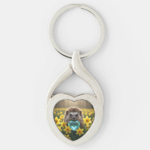 Cute March Hedgehog with Aquamarine Heart Keychain