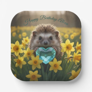 Cute March Hedgehog with Aquamarine Heart Paper Plate