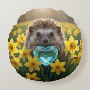 Cute March Hedgehog with Aquamarine Heart Round Pillow