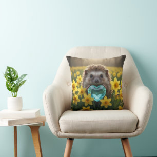 Cute March Hedgehog with Aquamarine Heart Throw Pillow