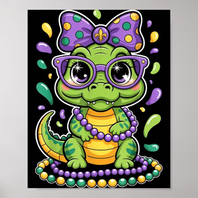 Cute Mardi Gras Alligator Beads Bow Poster (Front)