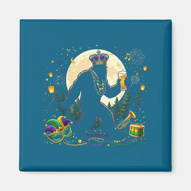 Cute Mardi Gras Bigfoot Sasquatch Drinking Magnet (Front)