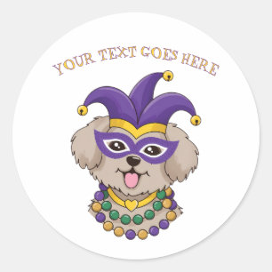 Cute Mardi Gras Puppy Dog Custom Text Classic Round Sticker