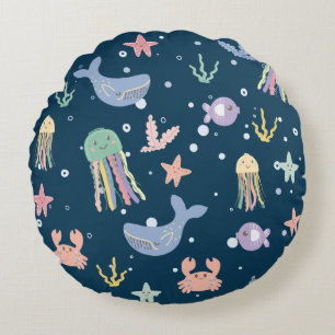 Cute Marine Life Seamless Pattern Round Pillow
