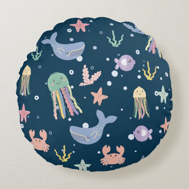 Cute Marine Life Seamless Pattern Round Pillow (Front)