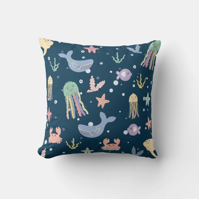 Cute Marine Life Seamless Pattern Throw Pillow (Front)
