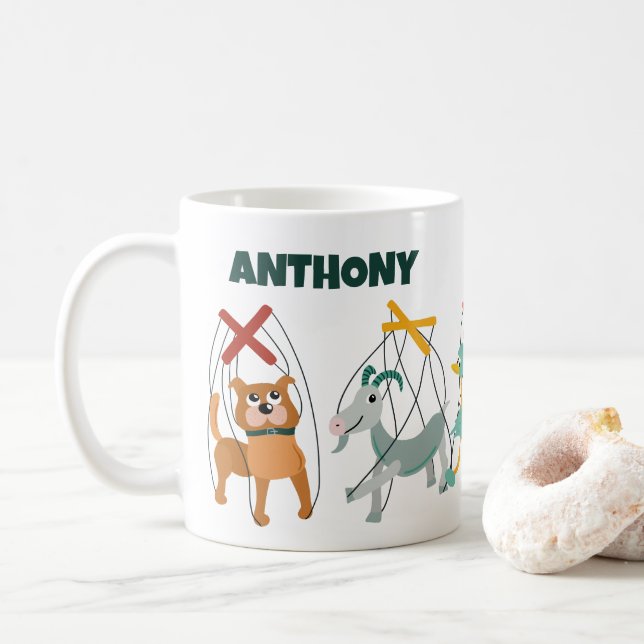 Cute Marionette Puppets Puppeteers Personalized Coffee Mug (With Donut)