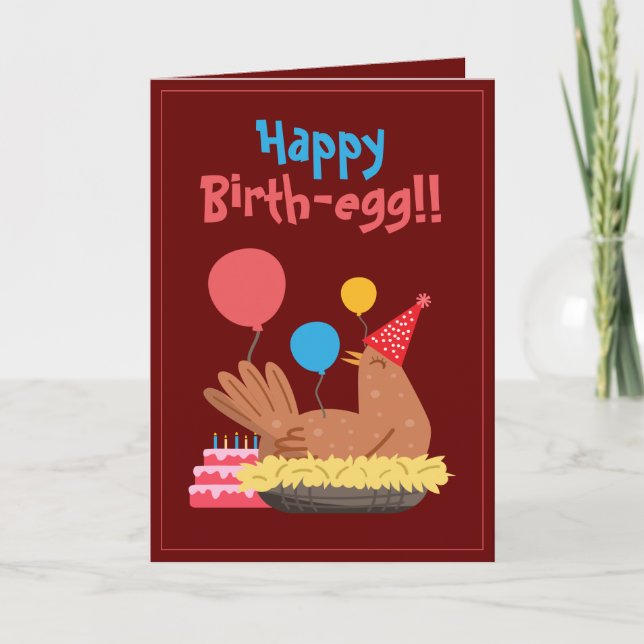 Cute Maroon Funny Chicken and Cake Humour Birthday Card (Front)
