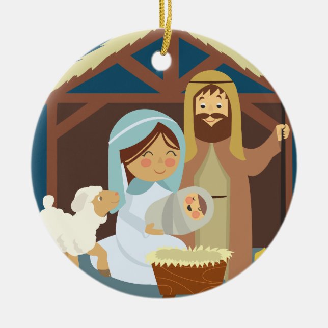 Cute Mary Joseph Jesus at the Manger Ceramic Ornament (Front)