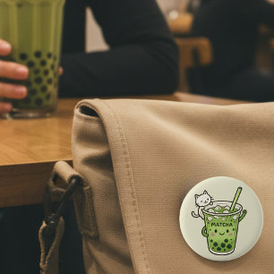 Cute Matcha Bubble Tea with Cat Kawaii Iced Drink 2 Inch Round Button