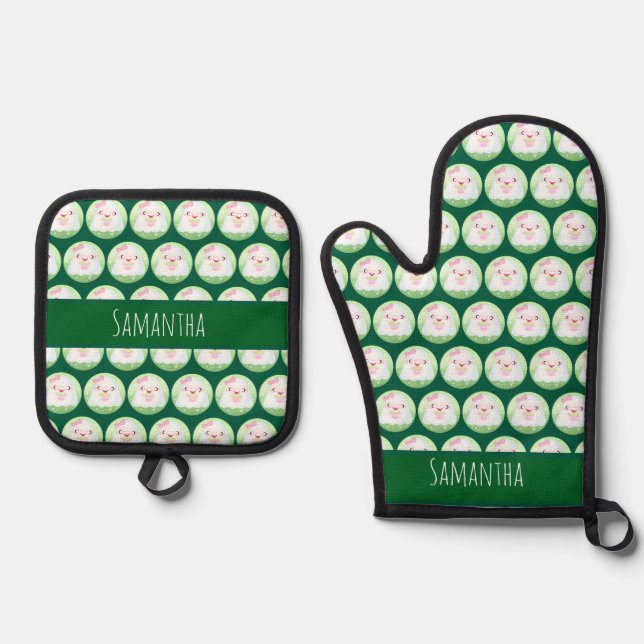 Cute Matcha Latte Ghost Oven Mitt & Pot Holder Set (Front)