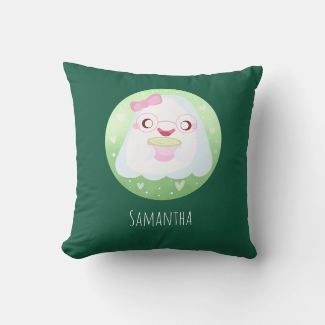 Cute Matcha Latte Ghost Throw Pillow (Front)