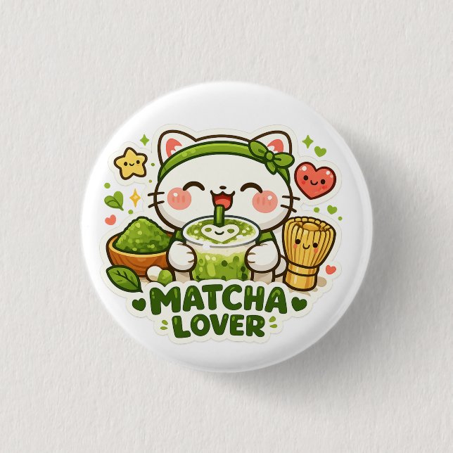 Cute Matcha Lover Cat 1 Inch Round Button (Front)