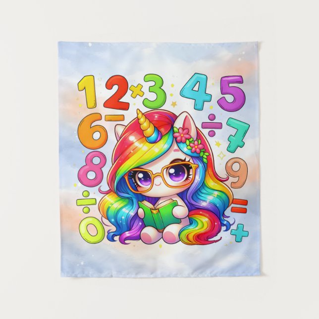 Cute Maths Unicorn Numbers Poster for Kids Tapestry (Front)