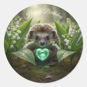 Cute May Hedgehog with Emerald Heart Classic Round Sticker