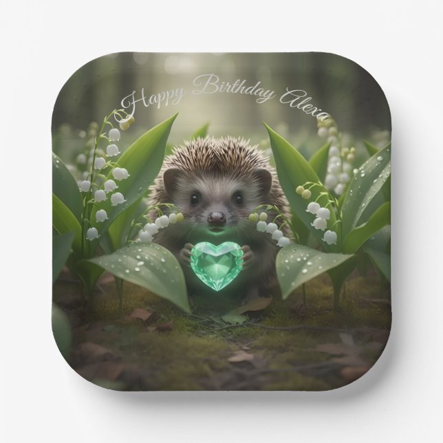 Cute May Hedgehog with Emerald Heart Paper Plate (Front)